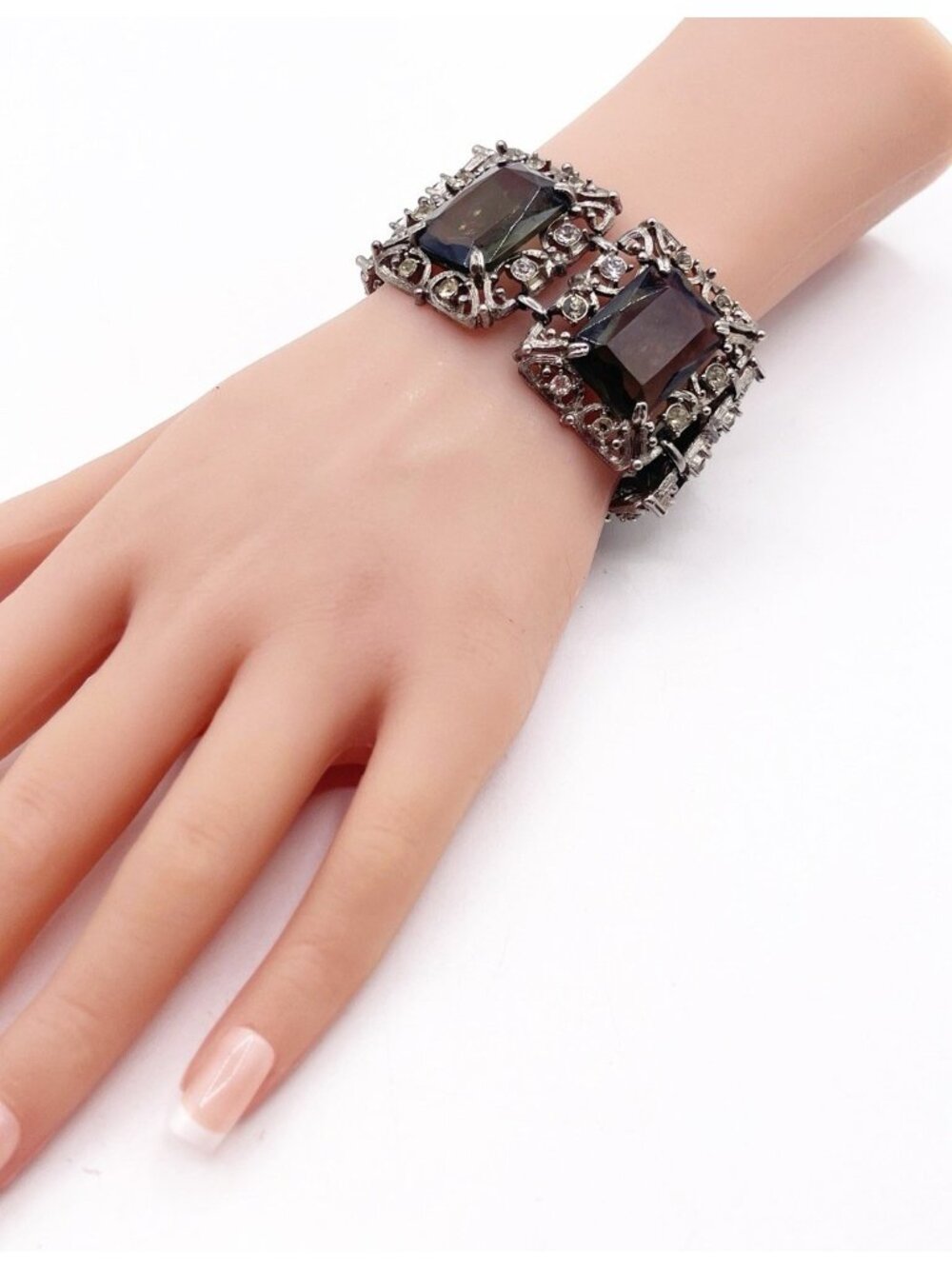 Vintage 60s Sarah Coventry Celebrity Smoky Quartz Glass Statement Panel Bracelet